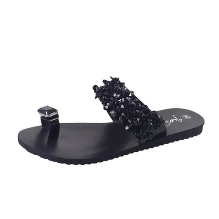 

Sandals Rhinestone Flat Shoes Clip Toe Beaded Beach Slippers Women s Shoes