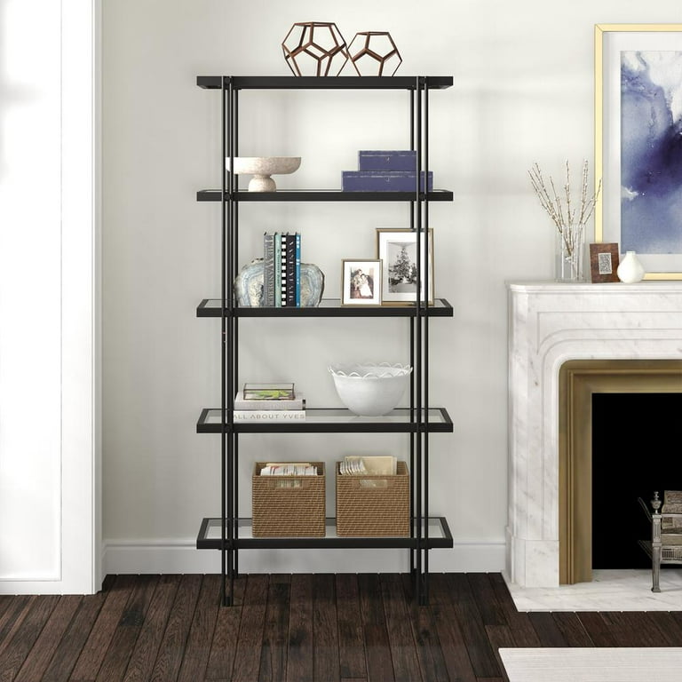 HomeRoots 527595 68 in. Metal & Glass Five Tier Standard Bookcase, Black HomeRoots 527595 68 in. Metal & Glass Five Tier Standard Bookcase, Black
