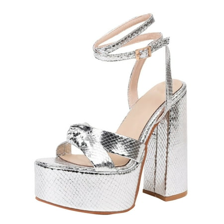 

Fsqjgq Boho Sandals Women Lightweight Sandals Fashion New Shoes Metal Pattern Knot Buckle Platform High Heel Sandals for Women Size 38 Silver