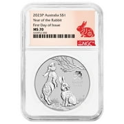THE PERTH MINT 2023 $1 Australia Lunar Year of The Rabbit 1 oz Silver NGC MS70 FDI Year of the Rabbit Label