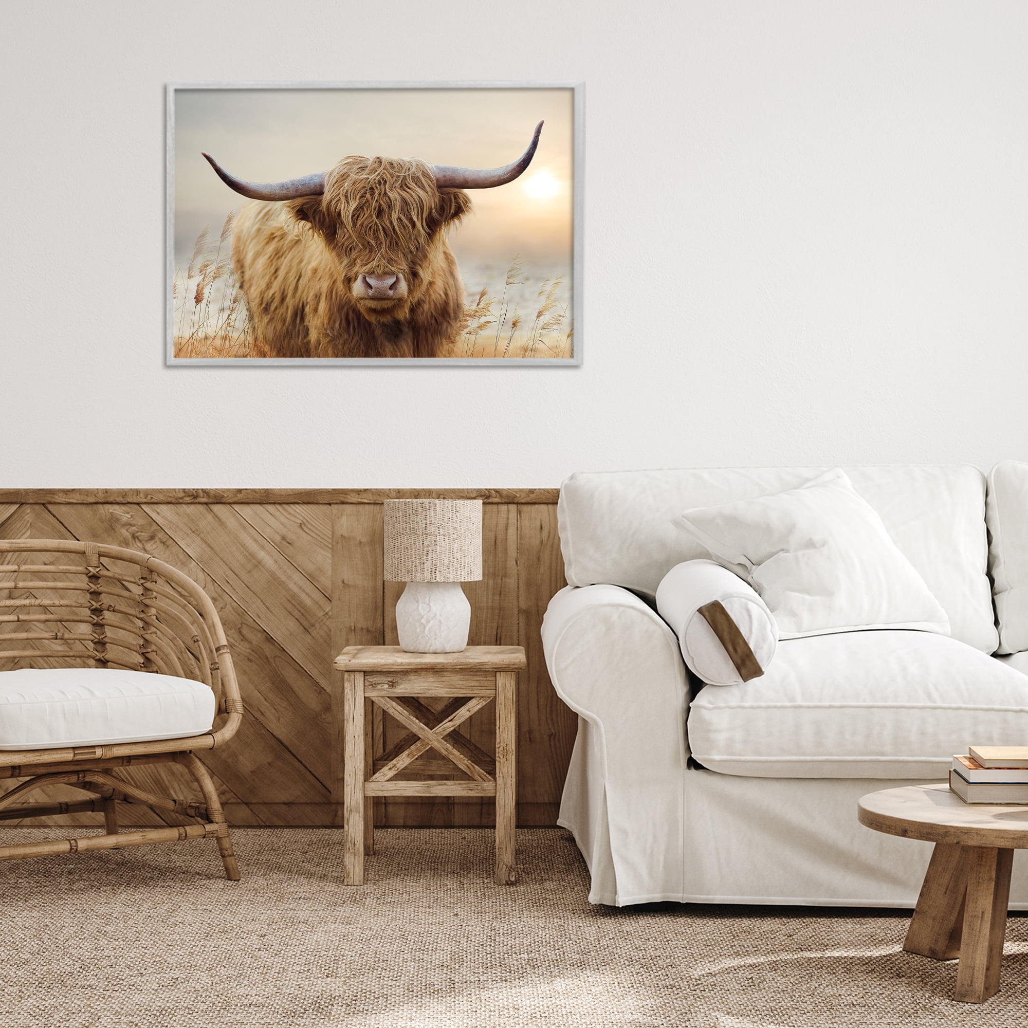 Stupell Industries Highland Cow & Warm Sunset Gray Framed Giclee Art, design by CAD Designs