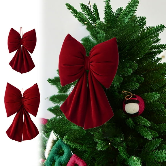Christmas Decoration Large Bow Hanging with Lanyard, Red Velvet Stereo Bow Xmas Tree Decorations, 17.7x9.8in