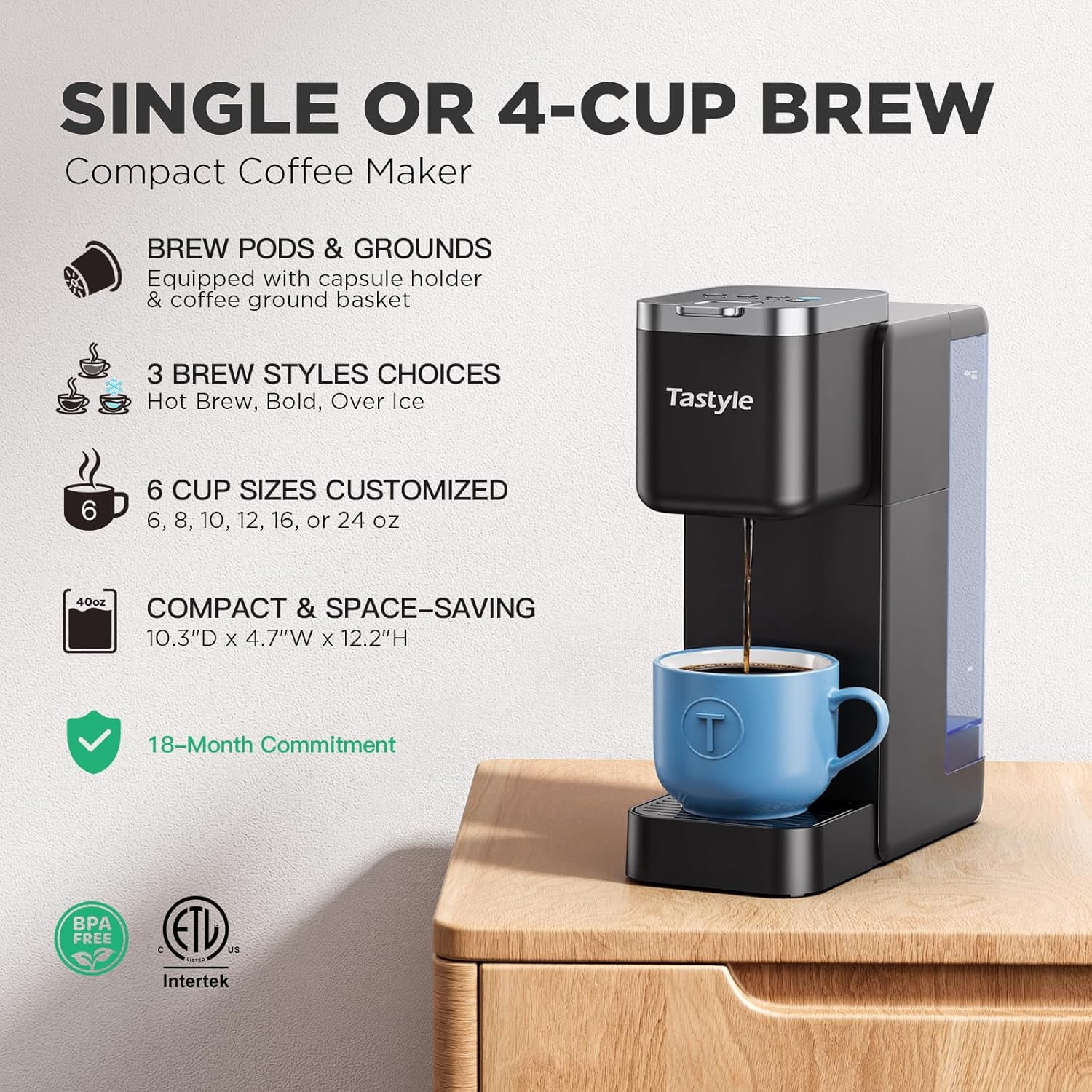 Single Serve Coffee Maker, Iced and Hot Machine for K Cup & Grounds, Compact Design, 40oz Removable Water Reservoir, 6 to 24 Oz Brew Sizes, Fits 7.3" Travel Mug, Black