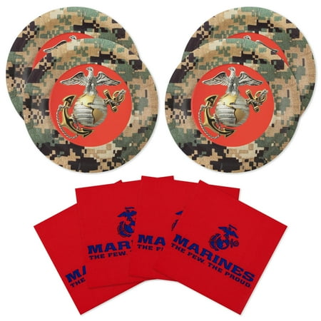 U.S. Marines Party CORNET for 16 Guests! Includes 16 Plates and Luncheon Napkins with The Licensed U.S. Marine Corps Camo, Logo & Emblem. for Retirement, Birthday or Honoring Events. by Havercamp