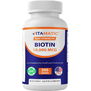 Vitamatic Biotin 10,000 mcg for Stronger Hair, Skin & Nails - 365 Vegan Tablets- Also Called Vitamin B7