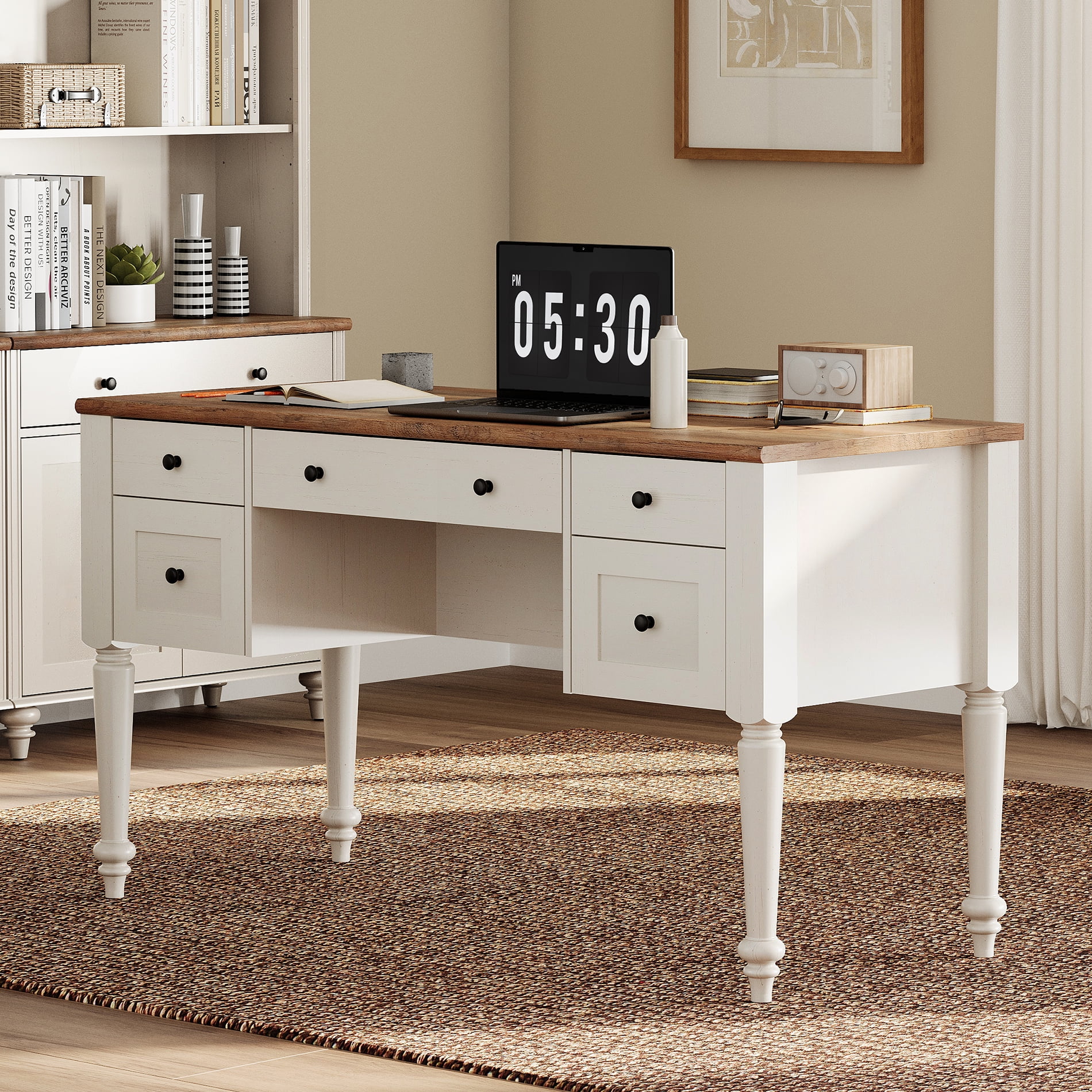 Farmhouse Executive Desk with Drawers, Charging Function, File Drawer, for Home Office, Work, Study Room, Oak