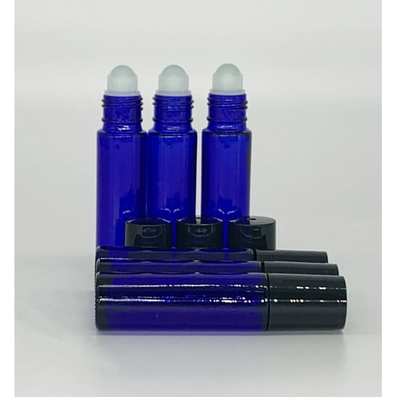 6 - Cobalt Blue 10 ml GLASS Roll On Bottle With Black Cap