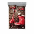 thumbnail image 1 of Vintage Bedding Set with Sheet & Covers, Retro Motorcycle Nostalgic Scooter in Front of Wall Vehicle Traffic Urban Picture, Printed Bedroom Decor 2 Shams, 4 Sizes, Red Umber, by Ambesonne, 1 of 3
