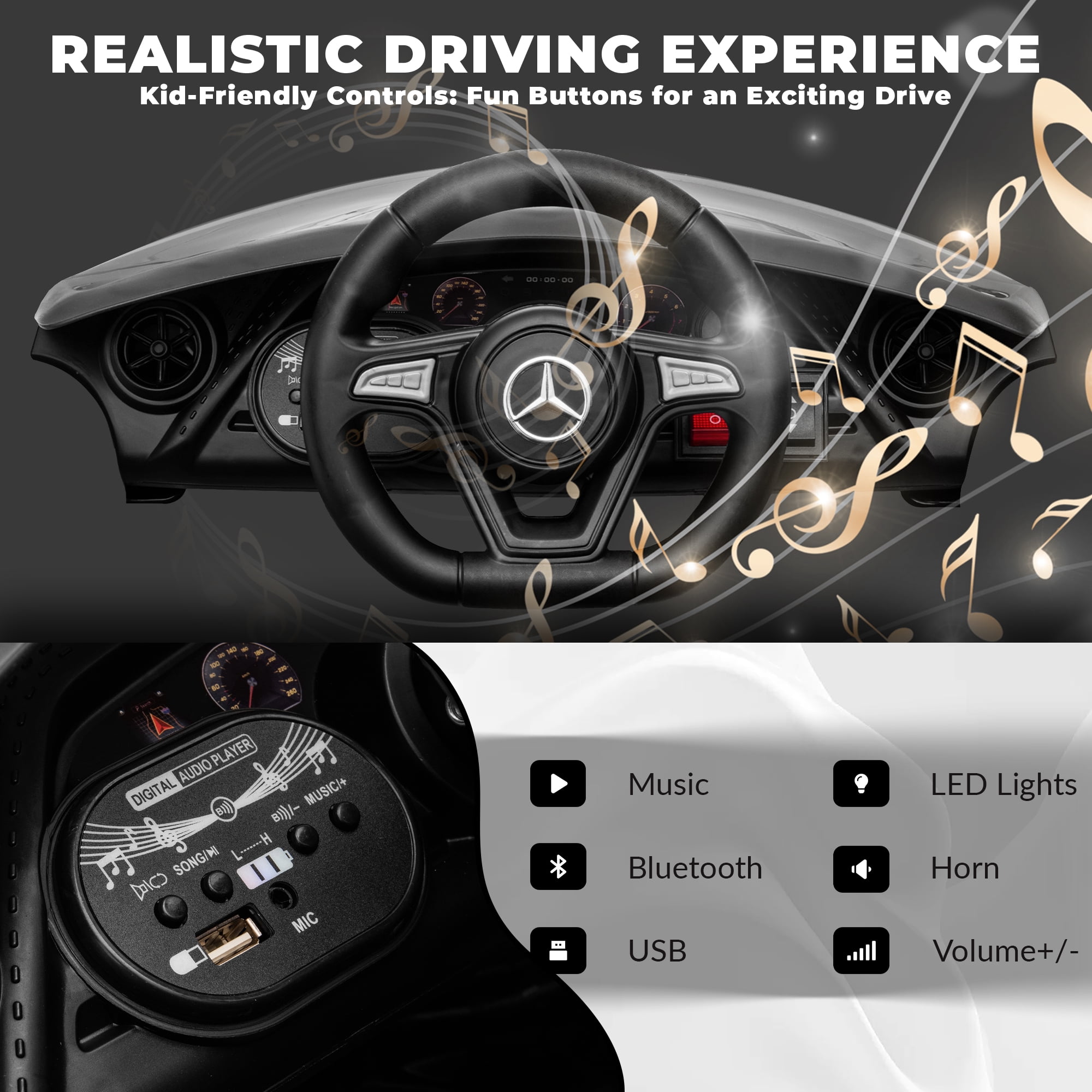 Track Seven 12V Licensed Mercedes-Benz CLS 350 Kids Ride On Toys, Electric Cars with Parent Control, Music, Bluetooth, LED Lights, Spring Suspension for Boys Girls Aged 2+, Black