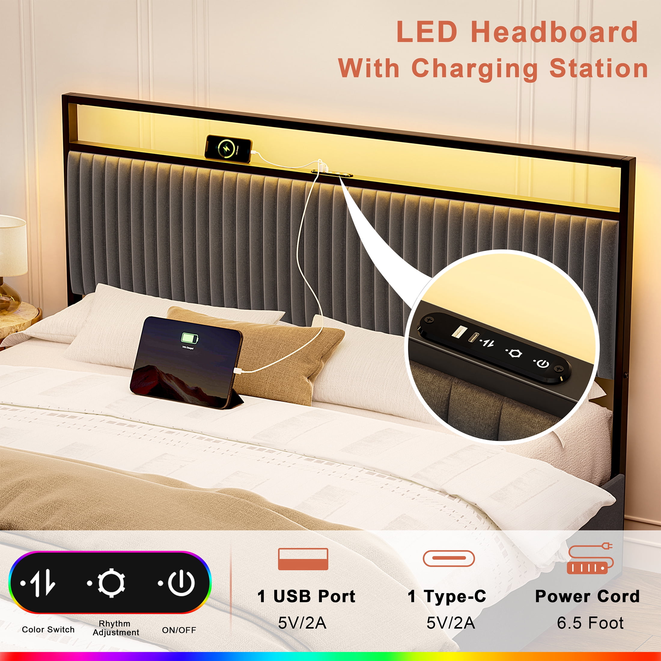 GUNAITO Queen Bed Frame with 2 Storage Drawers, Platform Bed with Headboard, Velvet Upholstered Bed Frame with LED Lights & Charging Station, Dark Grey