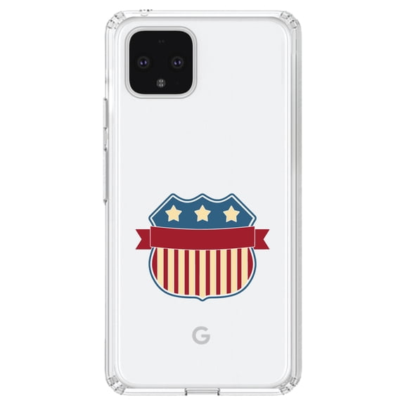 DistinctInk Clear Shockproof Hybrid Case for Google Pixel 4 XL (6.3" Screen) - TPU Bumper Acrylic Back Tempered Glass Screen Protector - USA Badge Flag Red White & Blue