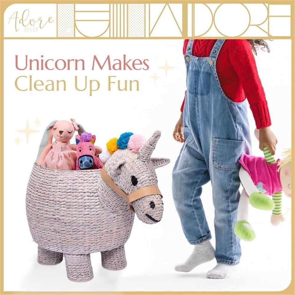Adore Decor Unicorn Water Hyacinth Laundry Hamper Light Gray