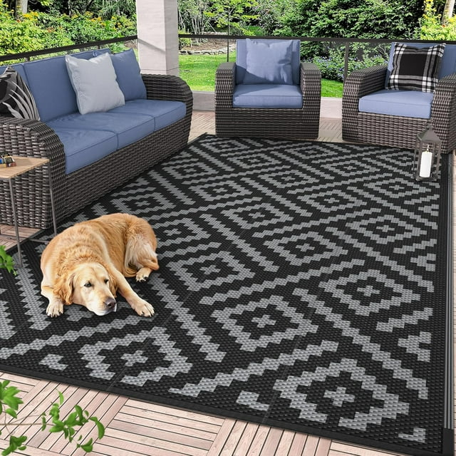 Outdoor Rug x Reversible Mats Outdoor Area Rug Plastic Straw Rug Geometric Rv Mat for Patio Camping Rv Picnic Backyard Deck Balcony Porch Beach Trailer ( & Grey)