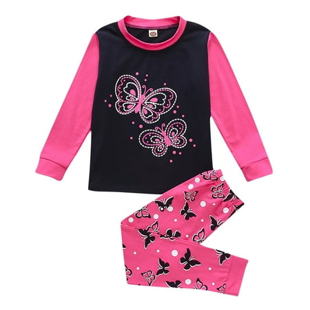 

Baby Kids Girls Long Sleeve Butterfly Printed Top And Pants Pajamas Set Outfit For 1-2 Years