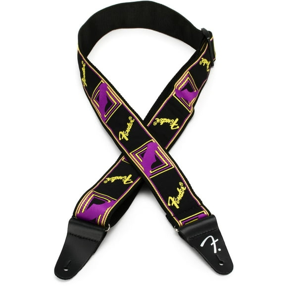 Correa de guitarra Fender Neon con monograma morado/amarillo de 5 cm de ancho