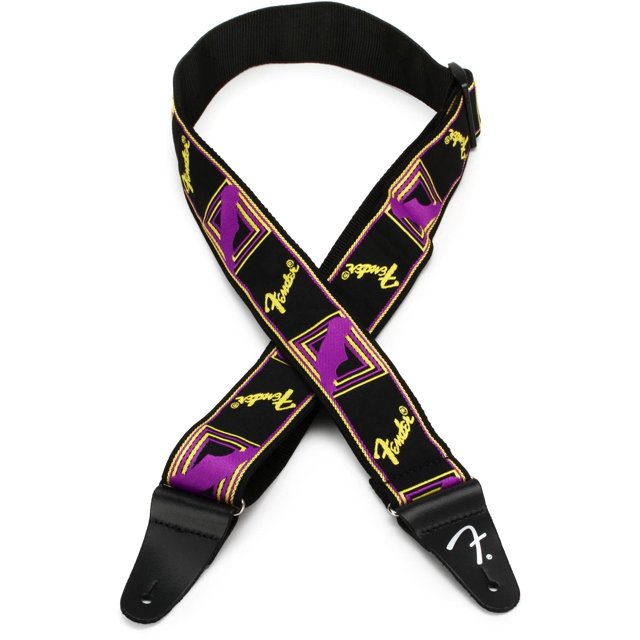 Correa de guitarra Fender Neon con monograma morado/amarillo de 5 cm de ancho