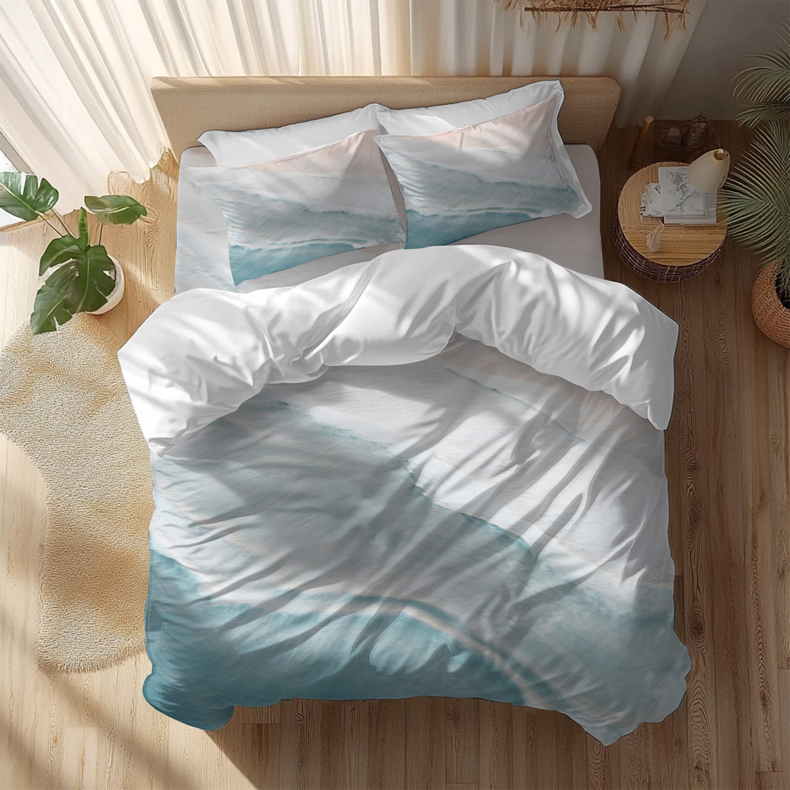 Beach Blue Queen Duvet Cover Set, Beige Gradient Ocean Wave Seaside Scenery 4 Piece Microfiber Bedding Set with Zipper Closure, Bed Sheet and 2 Pillow Shams, Soft Bedding Cover