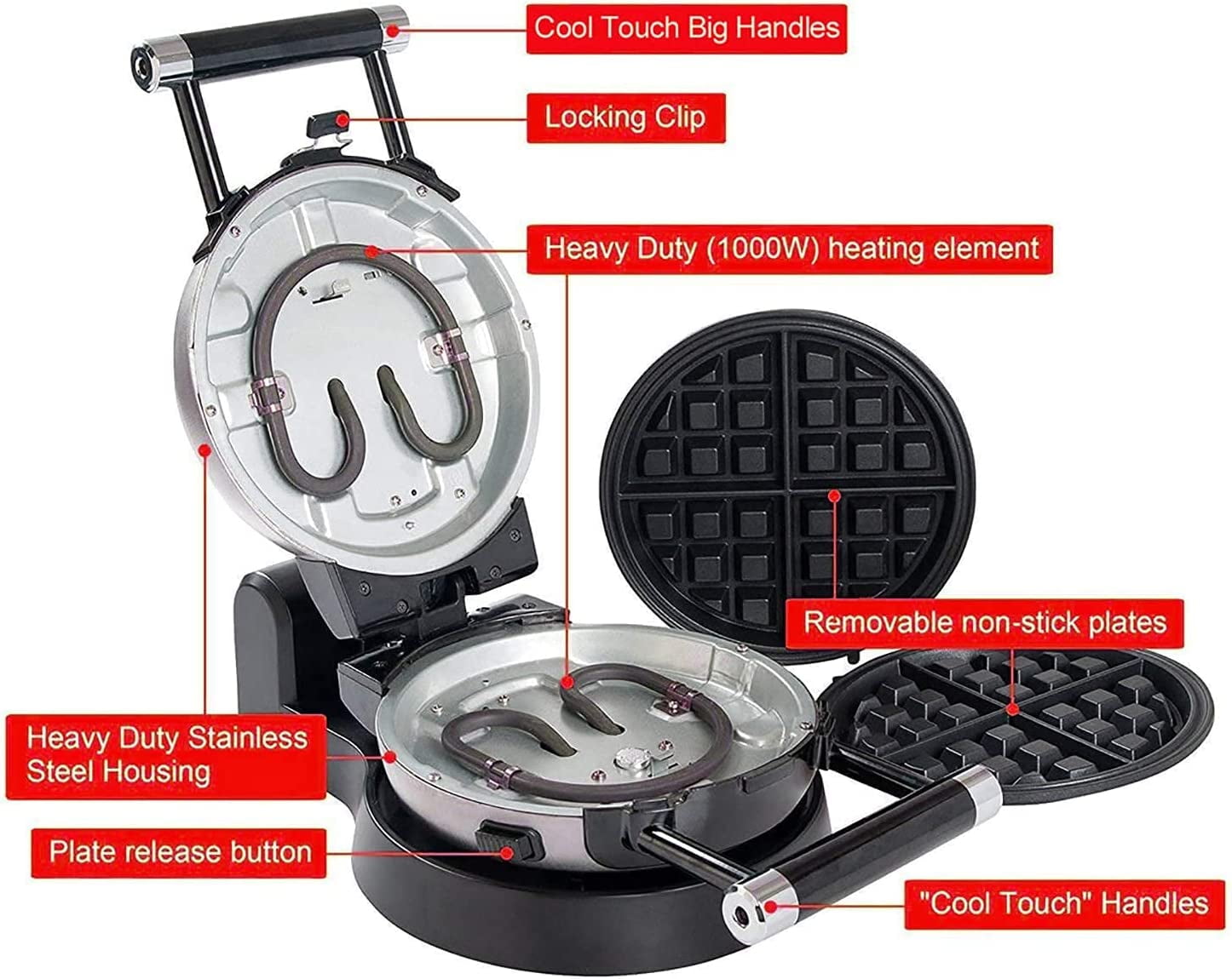 3-in-1 Waffle Maker with 360 Rotating Design and Nonstick Plates for Belgian Waffles, Omelets, and Donuts