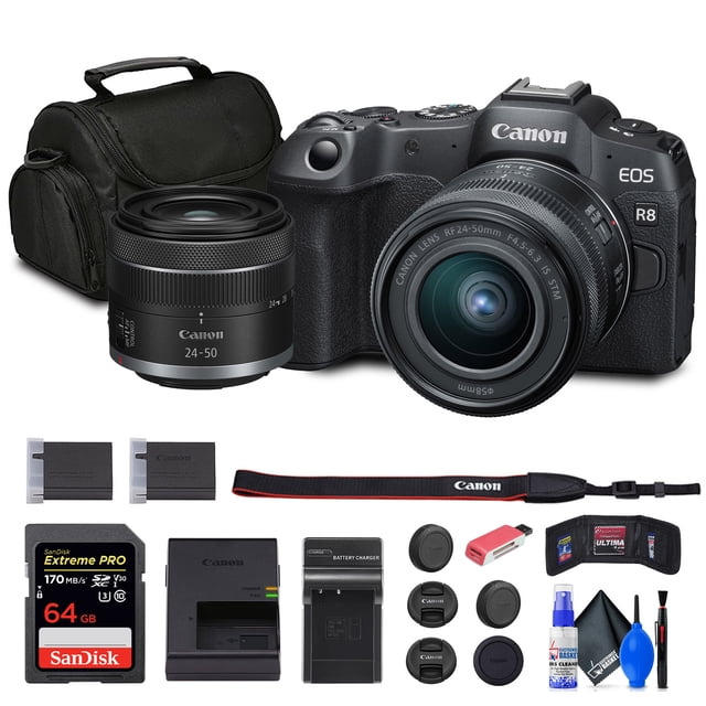 Canon EOS R8 Mirrorless Camera with RF 24-50mm Lens + 64GB Card + Bag + Charger + Battery + More(International Model)