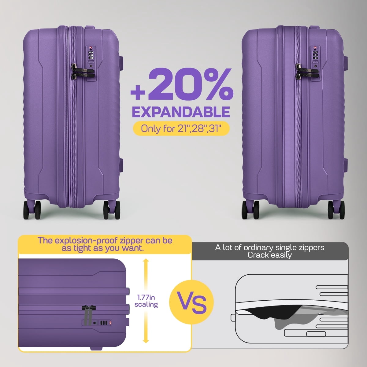 New York Xpress 3-Piece Hardside Luggage Set,20/26/30 Inch Expandable Spinner Suitcases w/TSA Lock, Purple - DQ135