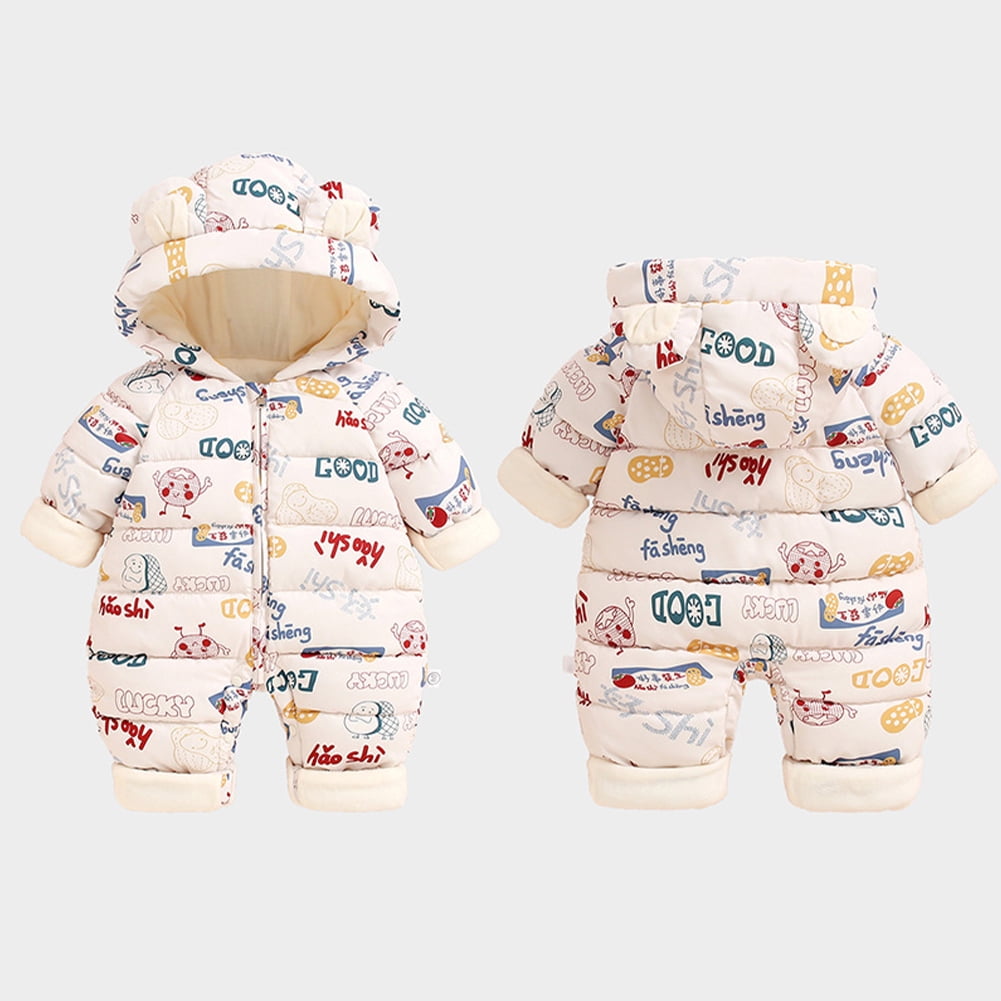 LYMAYTER Unisex Newborn Hooded Onesies Girls Fall Winter Printed Rompers Infant Cotton Long Sleeve Warm One-Piece for 0-24M