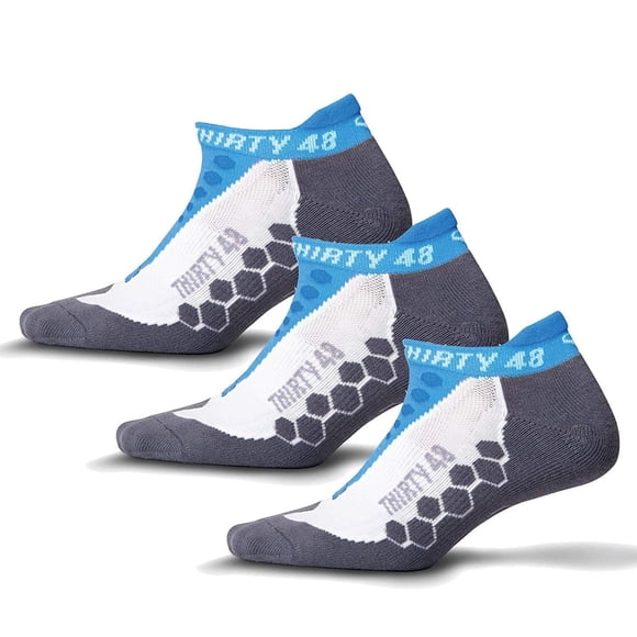Thirty48 Chaussettes de Course pour Hommes et Femmes avec Tissu Coolmax Qui Garde les Pieds Frais et Secs - 1 Paire Ou 3 Paires ([3 Paires] Bleu/gris, Grand)