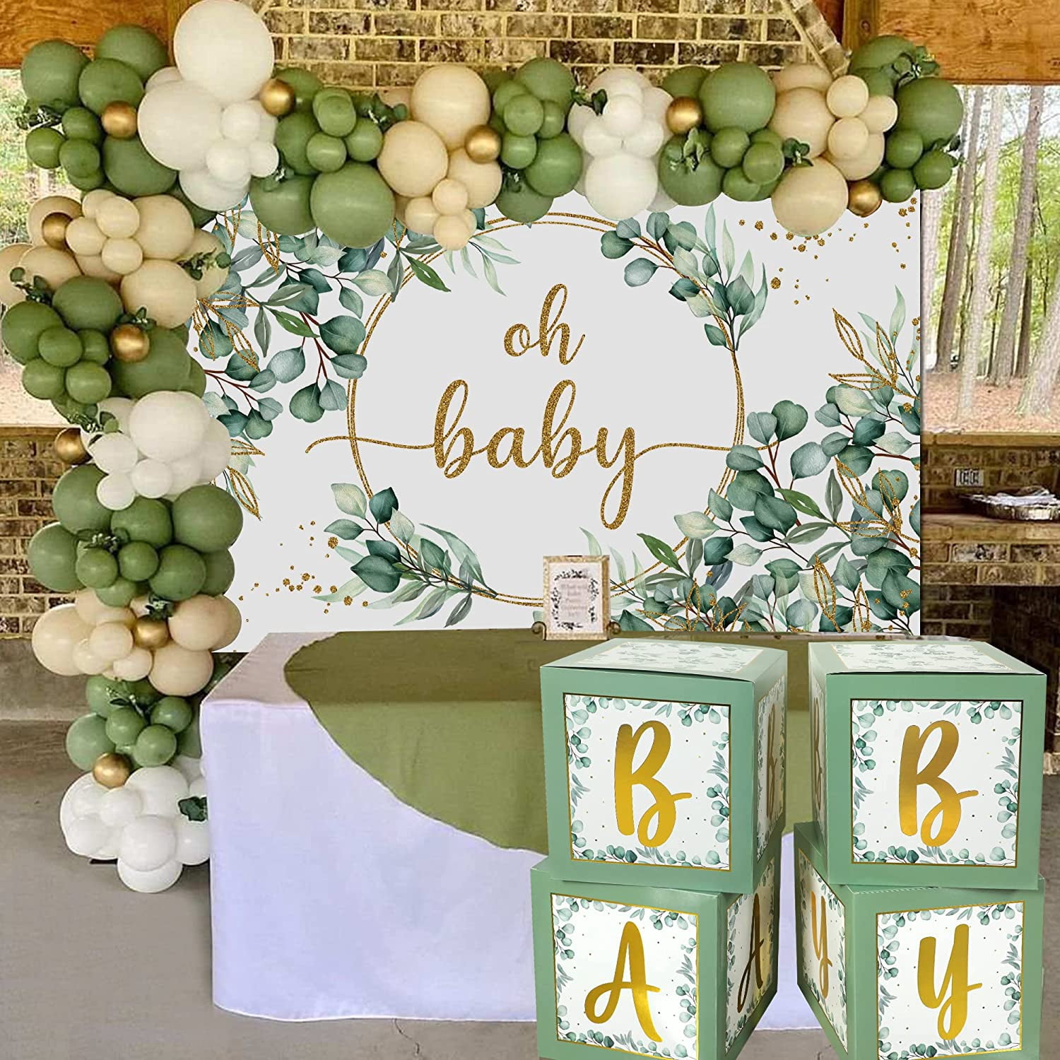 263PCS Sage Green Baby Shower Decorations Set, Gender Neutral Balloon Garland with BABY Boxes