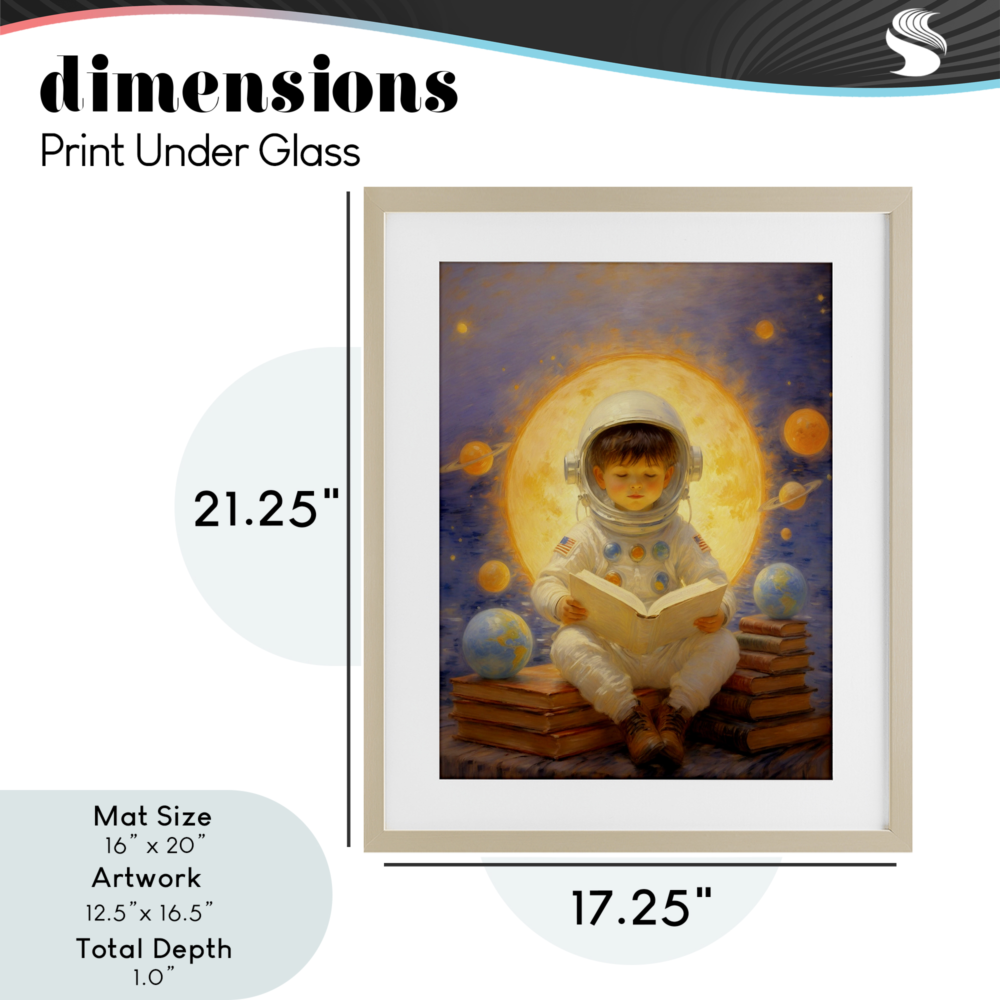 Astronaut Child Learning Birch Framed Print Under Glass, design by Angie Hawke