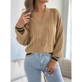 thumbnail image 6 of Women Vintage Knit V-Neck Hollow Contrast Stripe Lantern Long Sleeve Loose Knit Pullover Sweater Khaki L, 6 of 10