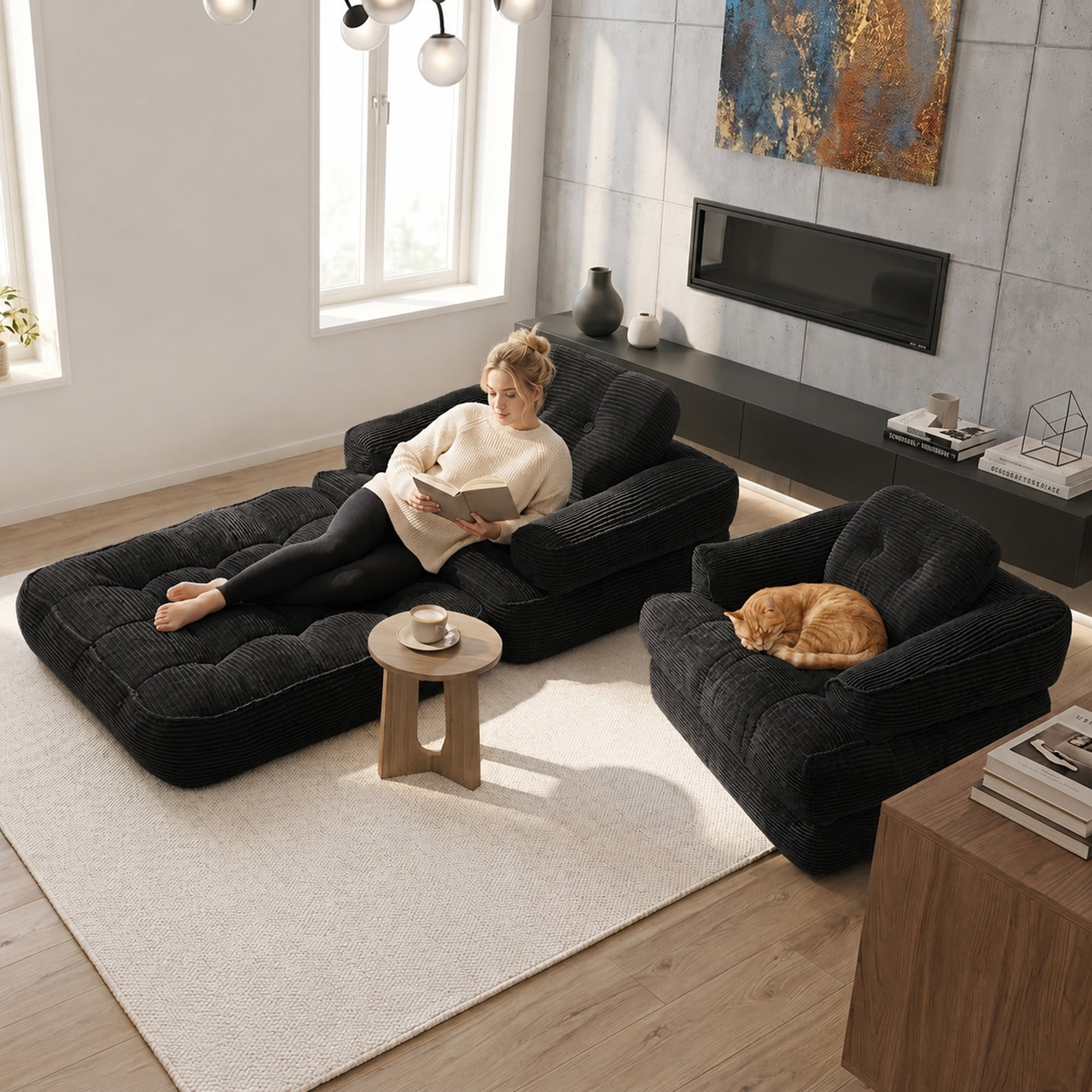 Leumius 70" Folding Sofa Bed,Convertible Single Sofa Bed with Armrest,2-in-1 Corduroy Boneless Foldable Bed with Pillows for Bedroom, Living Room, Homestay, Game Room,Black