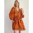 thumbnail image 4 of Women'S V-Neck Long Sleeve Printed Short Dress Loose Casual Bohemian Style Mini Beach Dress Orange L, 4 of 9