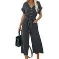 thumbnail image 3 of VISgogo Mono recortado para mujer, manga corta, cuello en V, cierre de botón, lazo en la cintura, pantalones sólidos con bolsillos VISgogo moda, 3 of 5