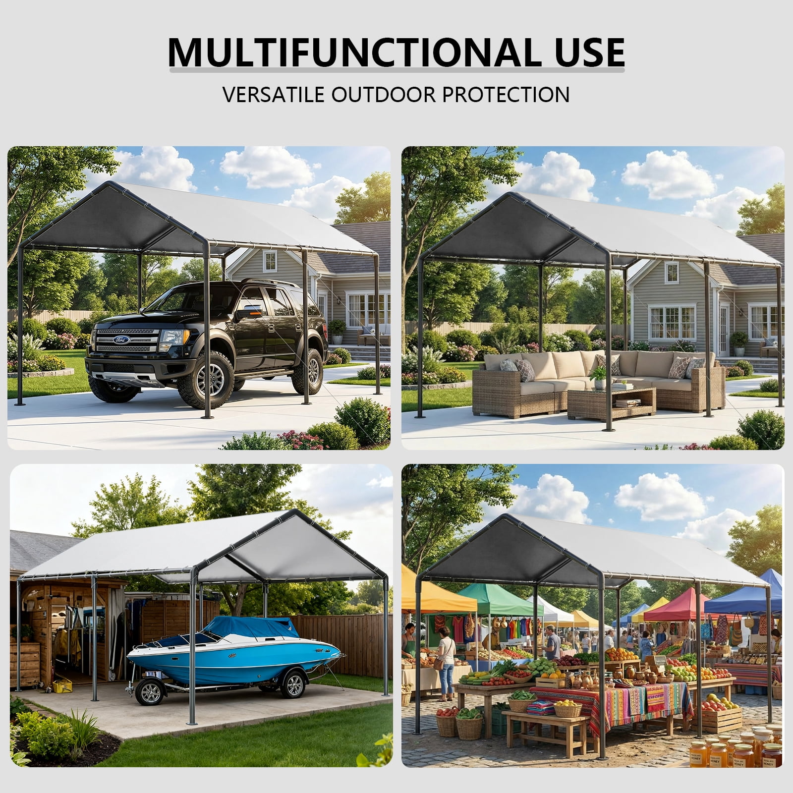 Grezjxc 10x20 ft Metal Carport Car Canopy Portable Car Tent Garage,  White