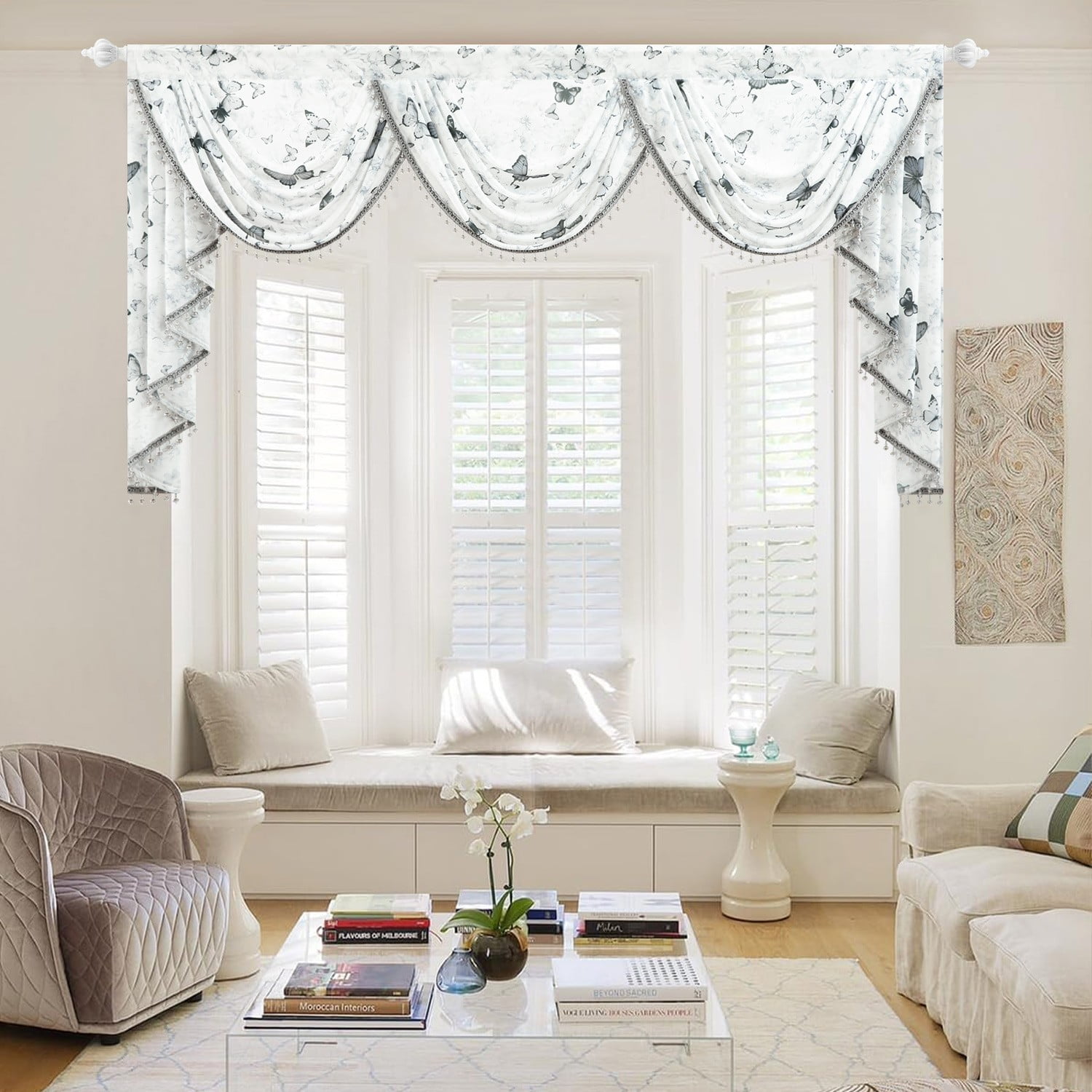 VOGOL Gray Waterfall Valance, Butterfly & Plants Print Swag Design Curtains for Living Room, 79x43 Inches