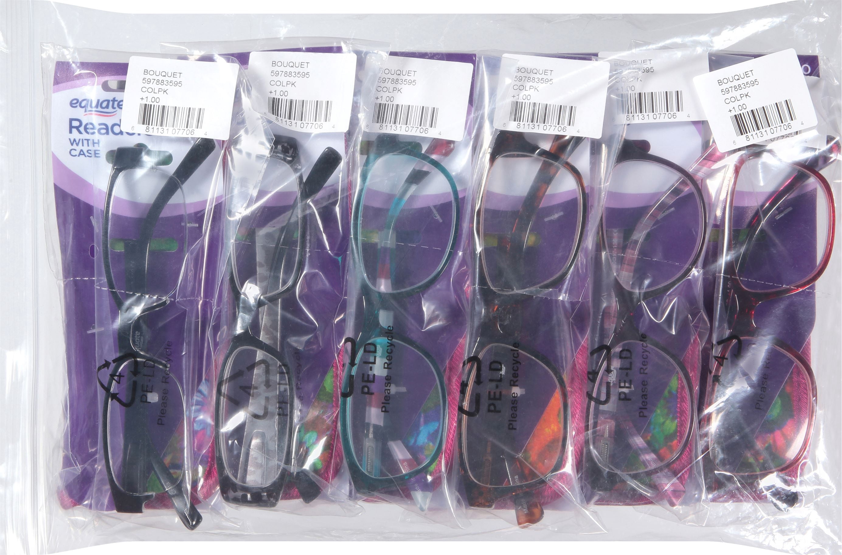 Equate 6-Pack Women's Bouquet Rectangular Reading Glasses - Variety Pack, +1.00