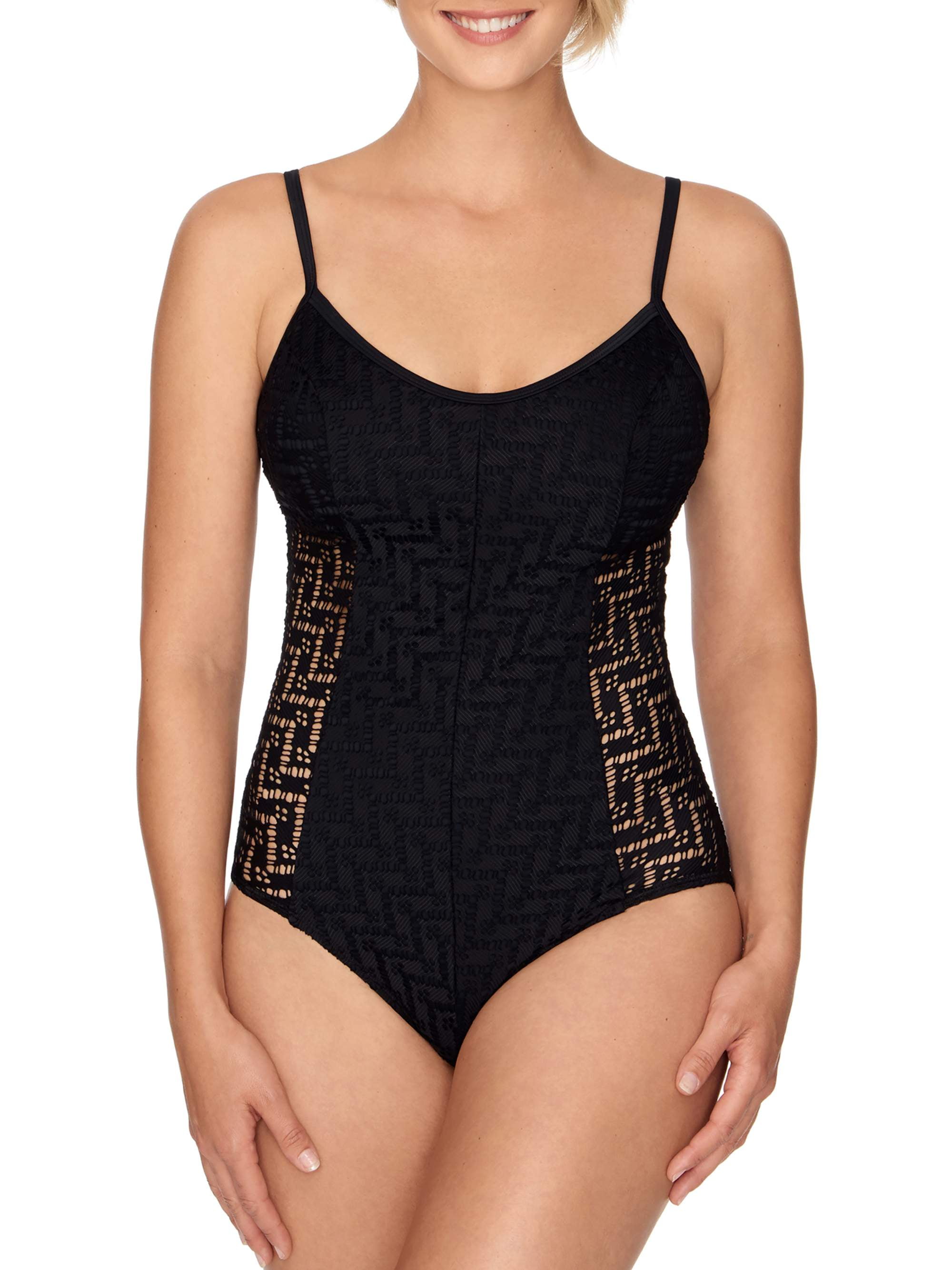Time And Tru Women s Black Crochet One Piece Swimsuit Walmart 