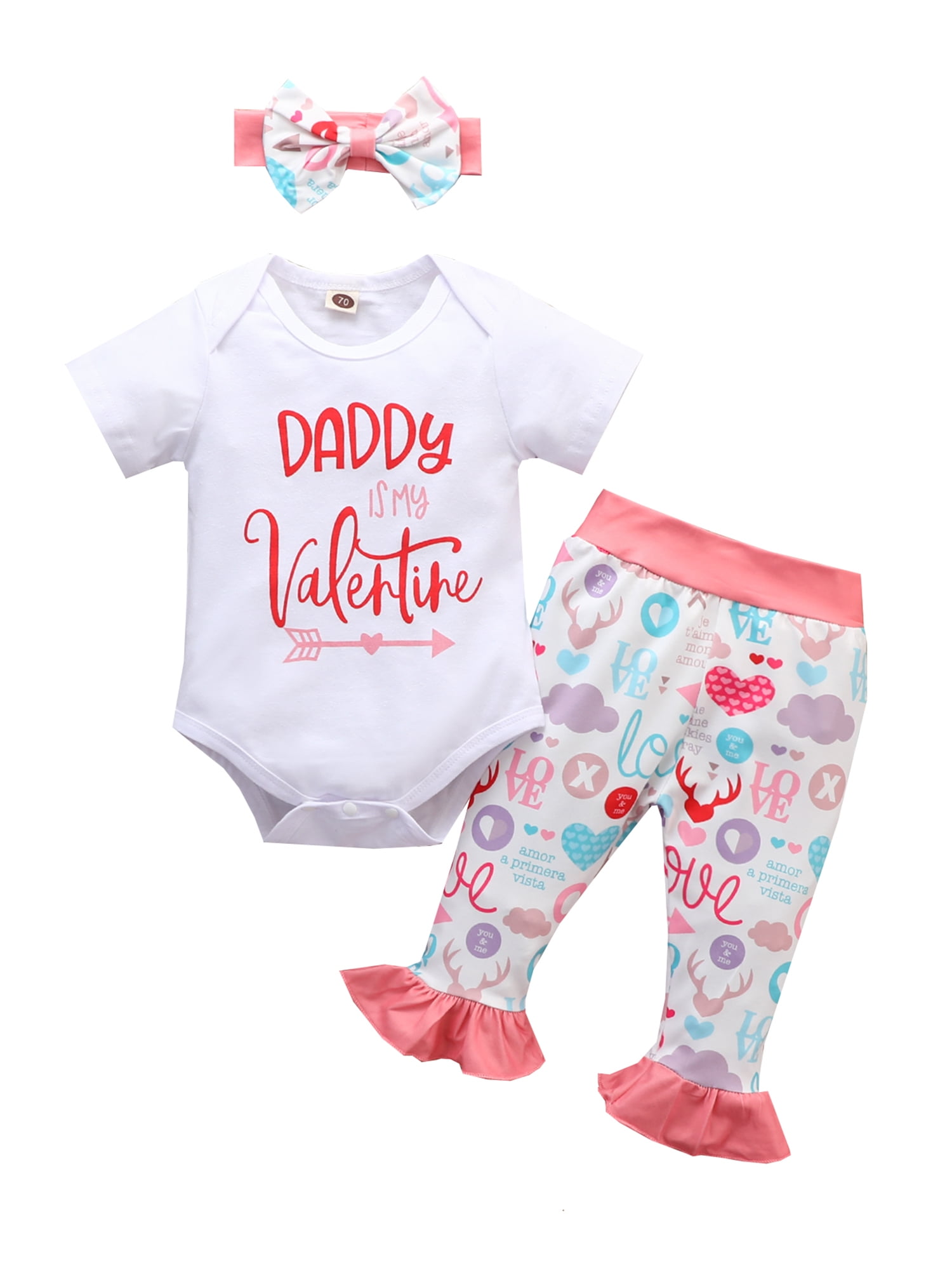 Baby Girl Long Sleeve Pink Ruffle Romper Flamingo Printing Pants with Headband Outfit Set