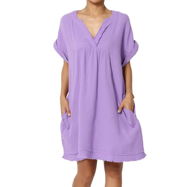 Robe Mini Babydoll en Gaze de Coton à Manches Courtes Col en V Décontractée pour Femmes