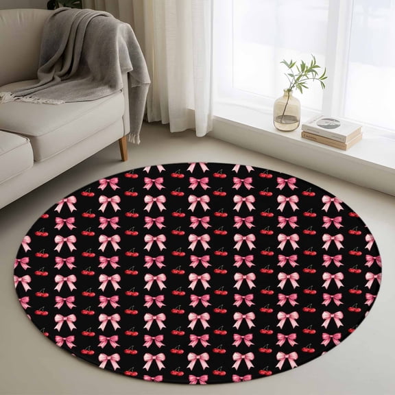Round Area Rug 4 Ft, Pink Bow Washable Non-Slip Circle Carpet for Living Room/Bedroom, Red Cherry Black Cute Preppy Aesthetic Low-Profile Crawling Mats Collection Rugs for Indoor