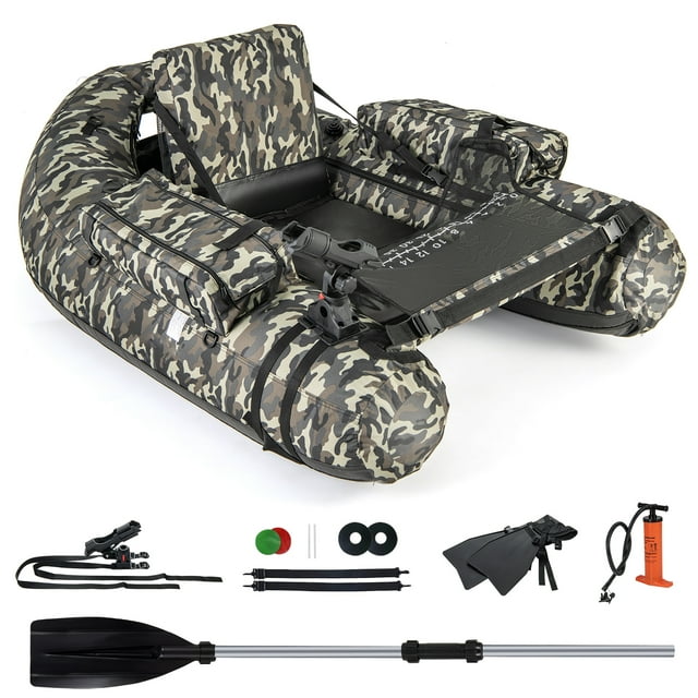Gymax Inflatable Float Tube w/ Fish Ruler Rod Holder Storage Pockets Flippers Paddle