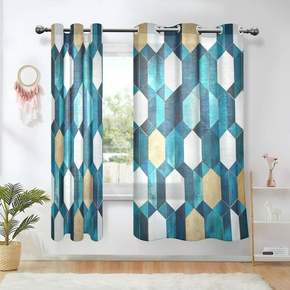 Yayeee Window Curtains Light Filtering 63"x42" Grommet Panel Pair Home Living Room Decor, Blue White Geometric Patterns