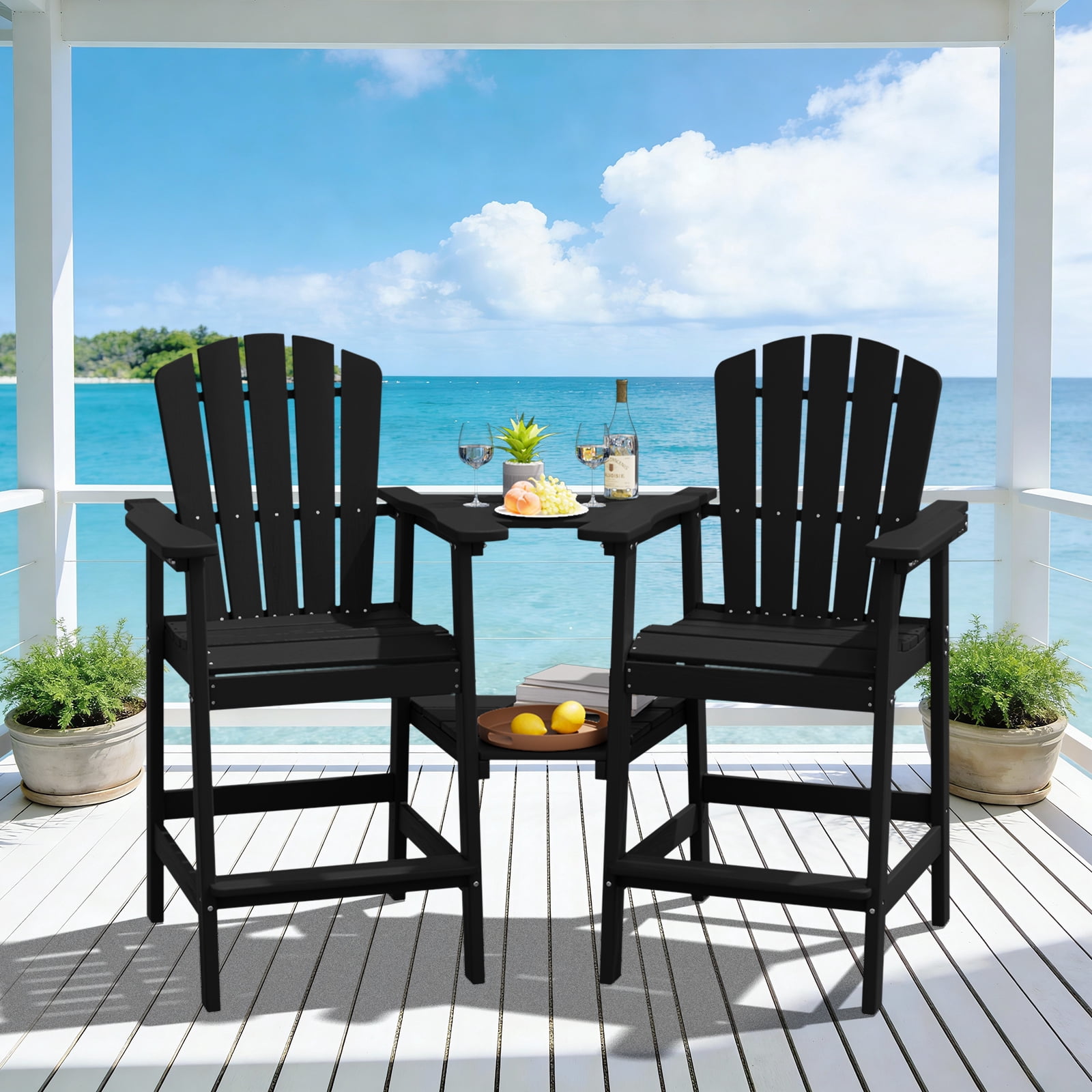 LOYALICE Tall Plastic Adirondack Chair Set of 2 W/ Outdoor Barstools and Connecting Tray, Black
