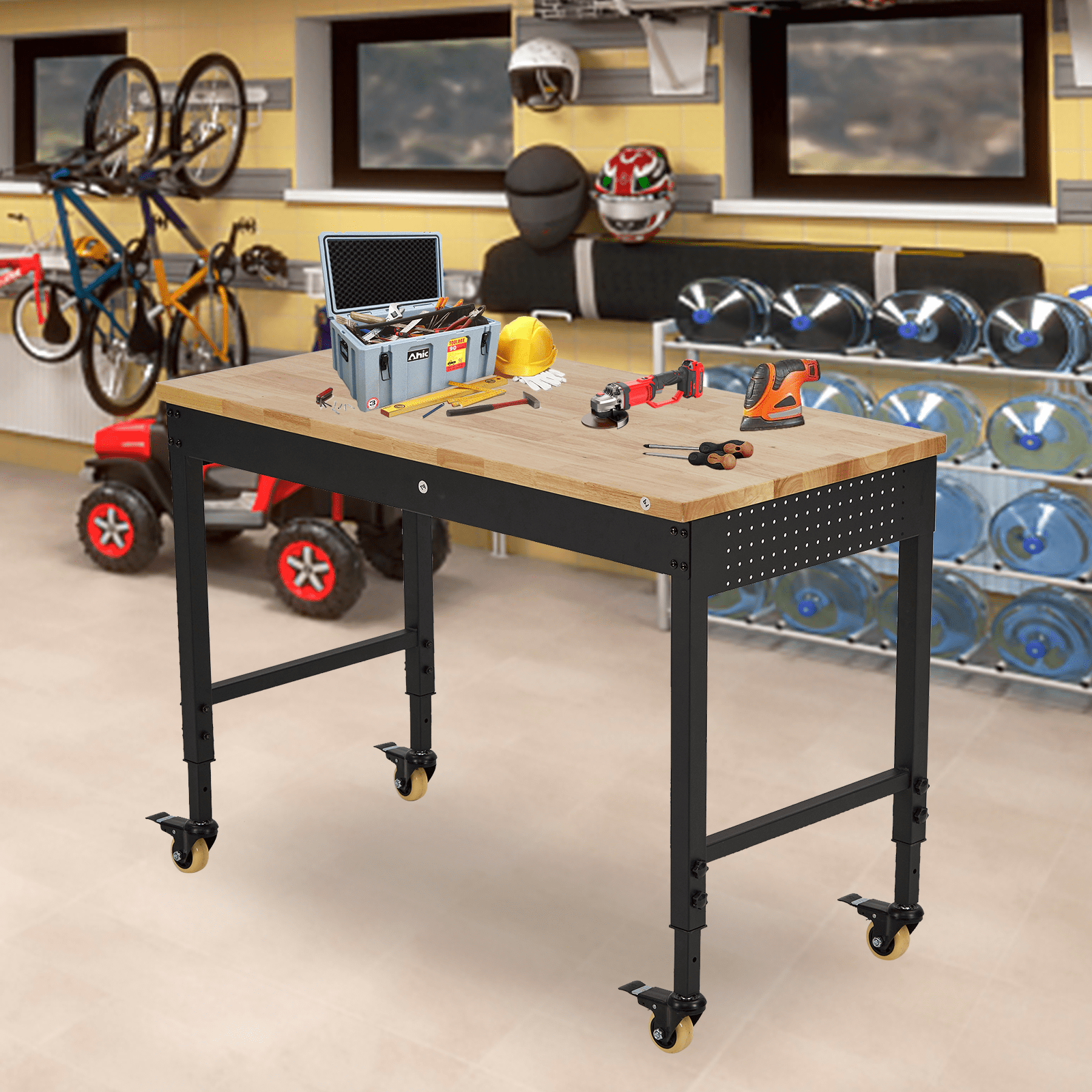 48" Adjustable Work Bench with Wheels, 2000 Lbs Capacity Rubber Wood Table Rolling Workbench
