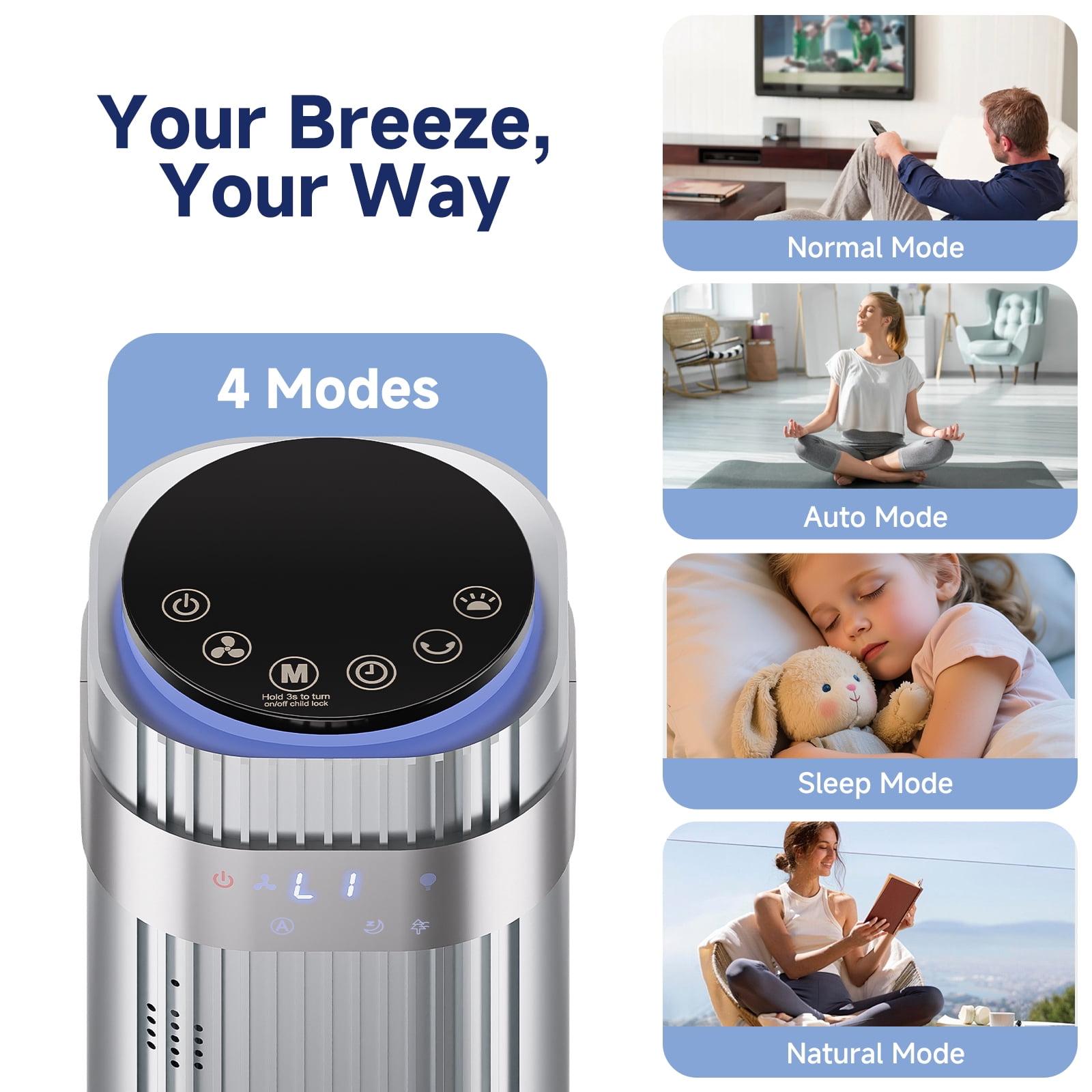 JIOABL Bladeless Tower Fan: 5 Speed Settings, 4 Modes, 25Ft/s Breeze, & Customizable Timer for Peaceful Sleep & Optimal Airflow, Silver