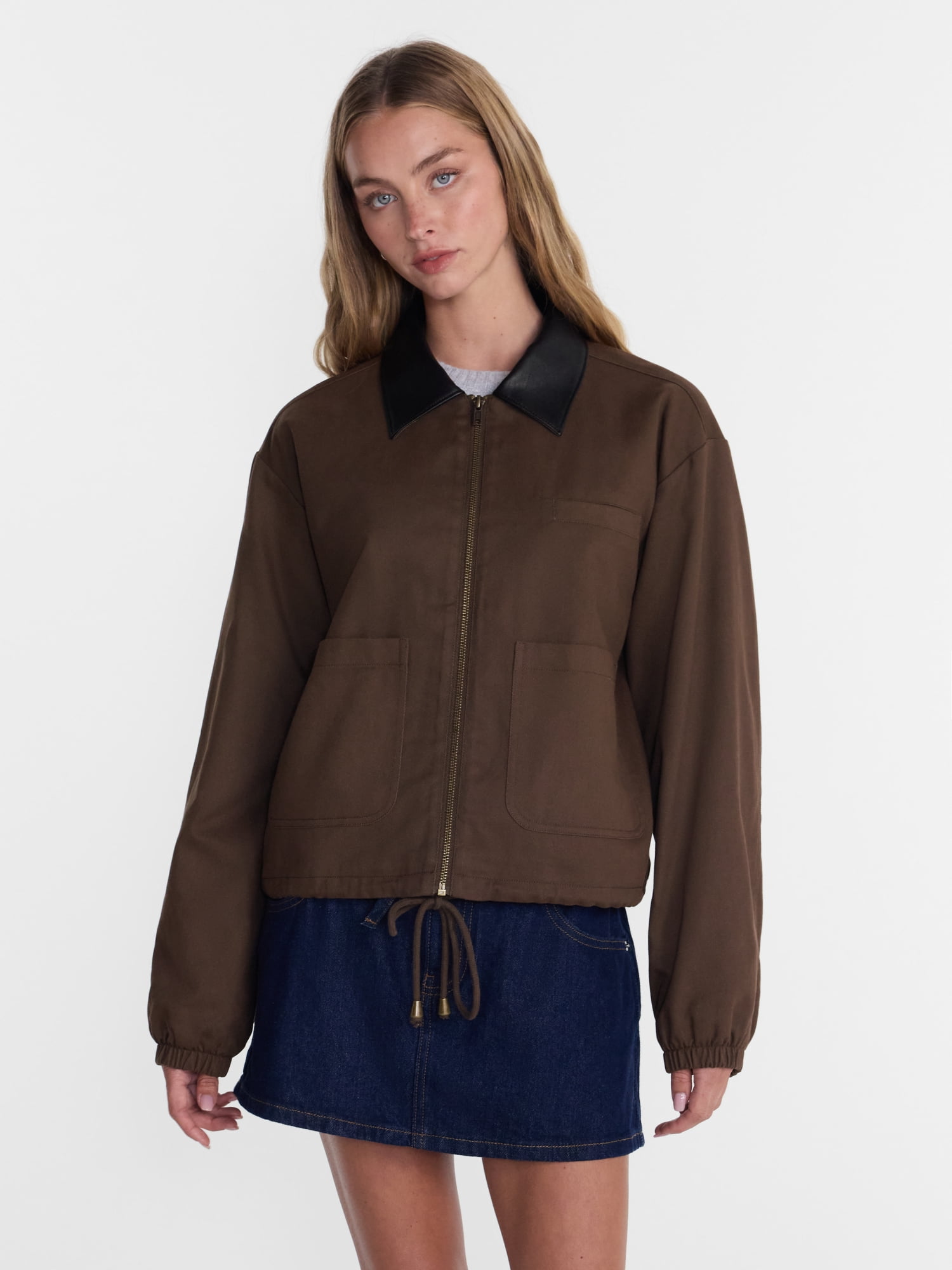 No Boundaries Cotton Twill Barn Jacket with Faux Leather Collar, Women's XXS-4X