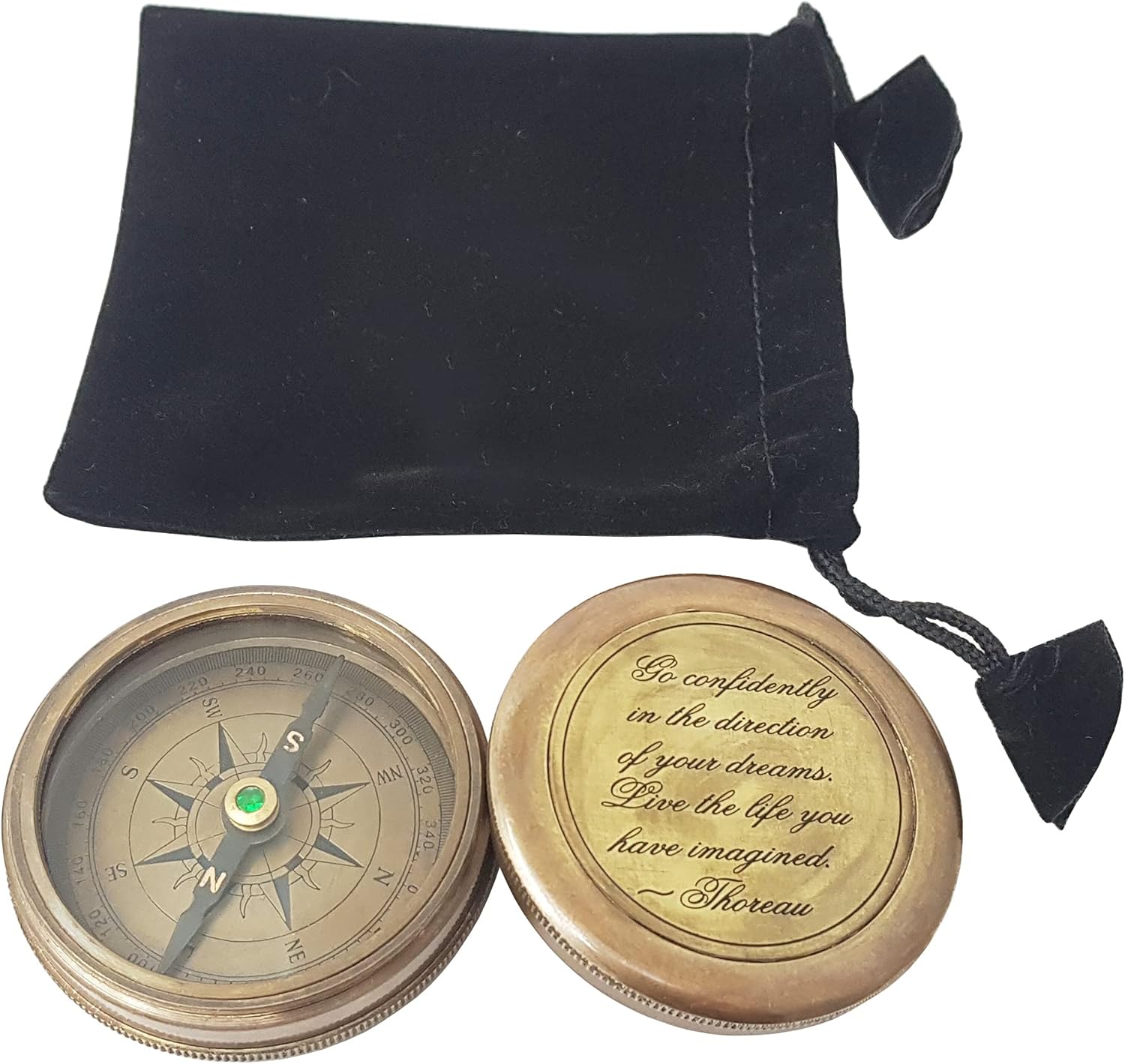 Brass Compass in Antique Finish, with HD Thoreau's Motivational Quote Go Confidently in The Direction with Case