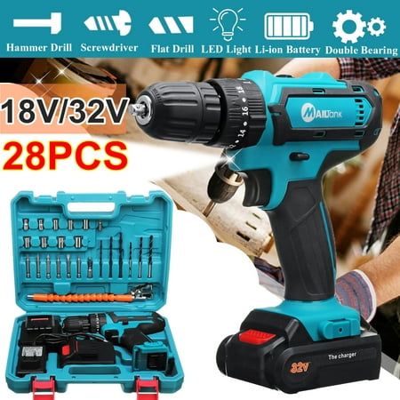 6000Mah 32V Lithium-Ion Cordless Hammer Drill with 27-Piece Accessory Set,3 IN 1 2 Battery 2-Speed Screwdriver Hammer Impact Hand