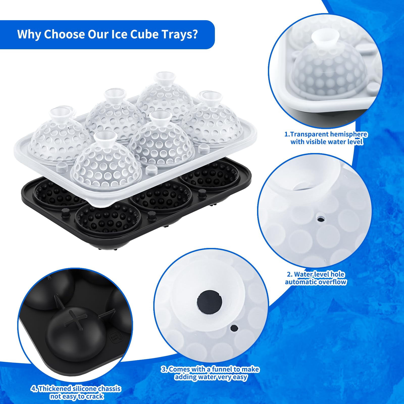 6 Chamber 2.2" 3d Golf Gifts Ice Cube Tray With Funnel Large Round Ball Maker Mold Silicone Fun Shapes Sphere Molds For Chilling Brandy And Beverages