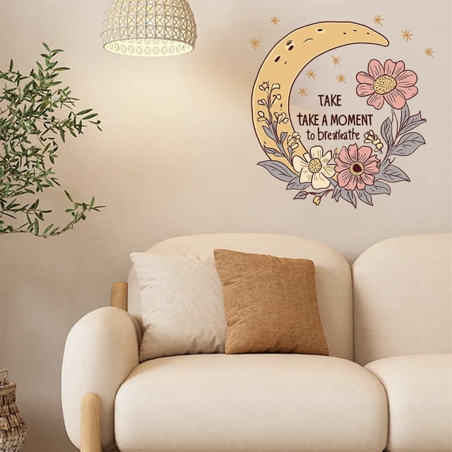 Adhesivos de pared con luna y flor con cita inspiradora, 30 x 30 cm