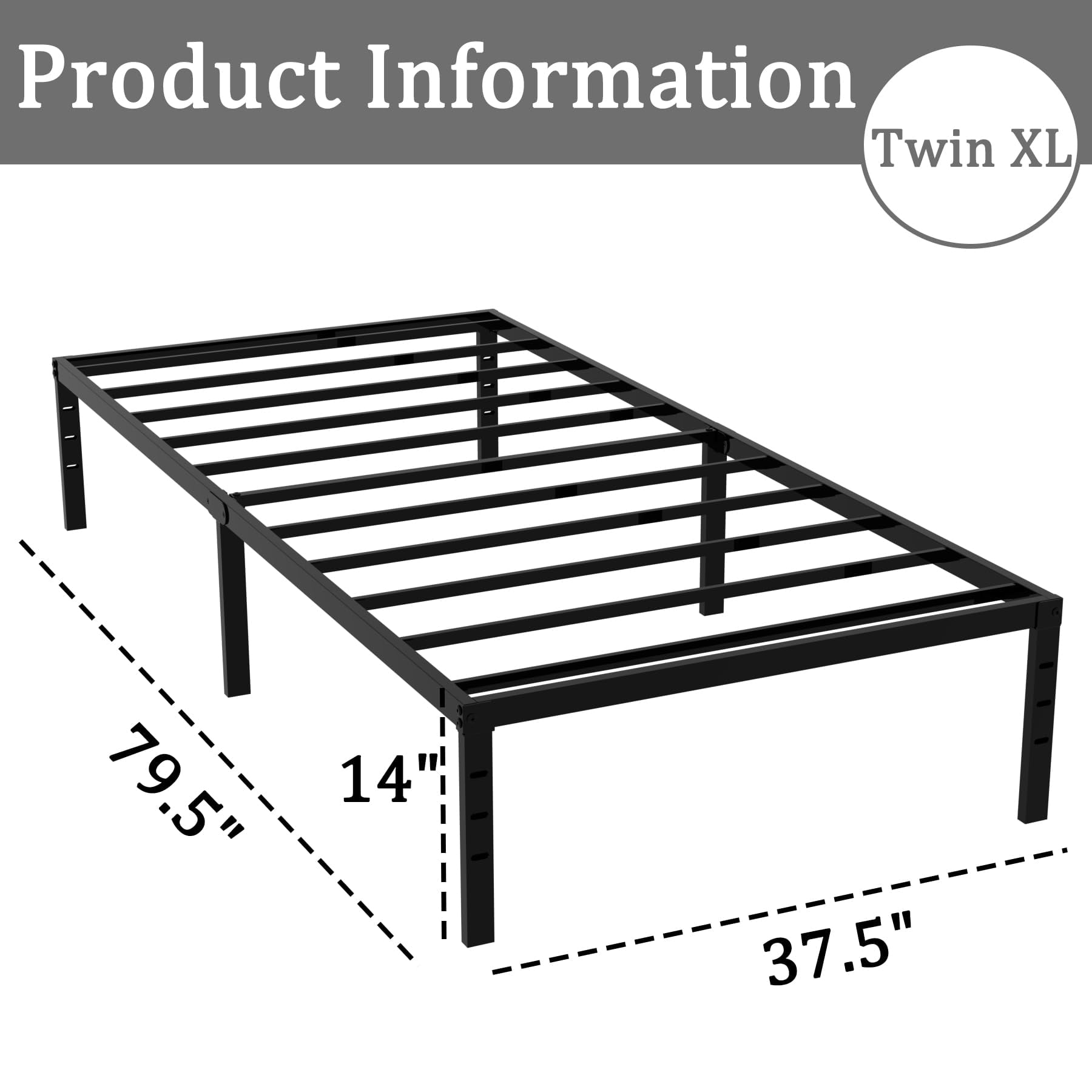 Caplisave Heavy Duty Twin XL Metal Bed Frame, 14" Platform No Box Spring Needed, Noise-Free Easy Assembly Black